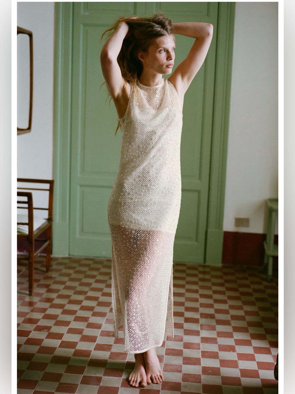 Zara Crochet Sequin Midi Dress Beige Large